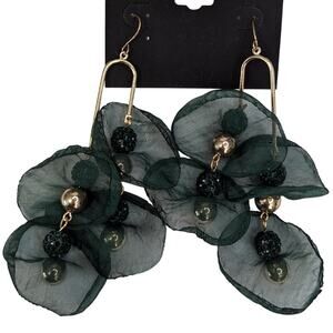 Noir Green Organza Petal Earrings with Gold Beads